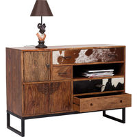 Aparador de Madera Maciza India de Lujo Vintage con Cajones de Cuero Surtido y Patas de Metal con Pelo de Búfalo para Comedor, Dormitorio, Bar en Casa