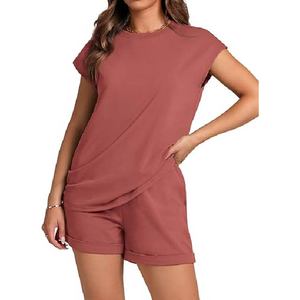 Ensemble décontracté d'été 2 pièces personnalisé pour femme : hauts à manches courtes et shorts à taille élastique avec poches, 100 % coton, séchage rapide - Product Image 5