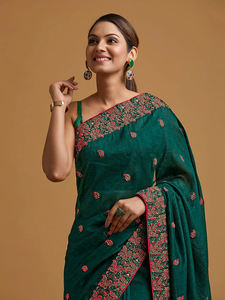 Trendmalls sin coser Vichitra seda Saree bordado pesado mujer K1043 blusa verde pieza fiesta estilo boda invierno indio - Product Image 4