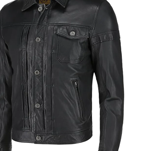 Veste de motard en cuir véritable noir pour homme, col rabattu, fermeture à boutons, coupe classique, style moto, vêtement d'automne - Product Image 4
