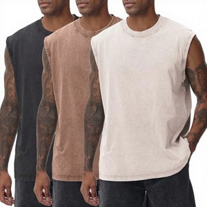 Camisetas sin mangas transpirables 100% algodón para hombre, estilo culturismo, con efecto lavado ácido, para gimnasio, running, playa, corte holgado con botones - Product Image 1