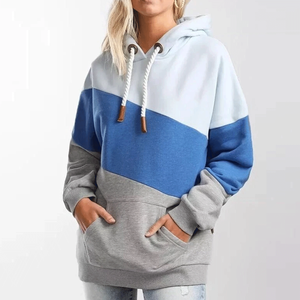 Sudadera con capucha de bloque de color azul y gris para mujer, sudadera de lana de algodón transpirable, ropa de calle estampada con bolsillo de canguro para invierno - Product Image 3