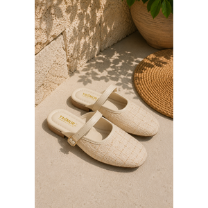 Tweed Textured Buckle for <b>Slippers</b> Cream Fluffy Soft Indoor/Outdoor <b>Summer</b> Winter Fashion Flat Upper Rubber Warm Breathable - Product Image 1