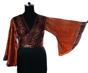 เสื้อครอปผ้าไหมส่าหรีรีไซเคิลเสื้อแขนกระดิ่งผูกเชือกเสื้อแบบผูกคอ - Product Image 1