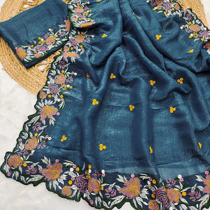 Sari de seda suave de diseñador con bordado Zari Work, Stone Work Designer Wedding Function Wear Sari, Party Wear Saree. - Product Image 1