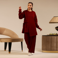 Ensemble Lounge 2 Pièces Décontracté Urbain pour Femmes Musulmanes, Tunique Longue et Pantalon Droit, Hiver/Printemps, Couleur Unie, Écologique, Style Premium