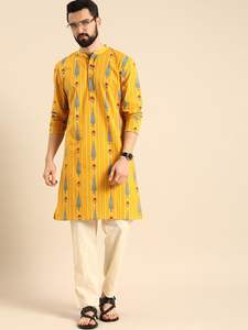 Kurta en coton jaune moutarde pour hommes et pantalon blanc kurta en coton pur avec pantalon pour hommes vêtements de production en vrac - Product Image 2