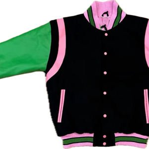 Veste bomber réversible imperméable de style streetwear premium pour fraternité grecque, en cuir vert, soie/coton noir - Product Image 3