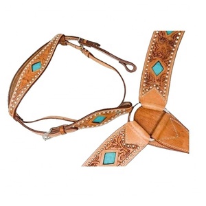 Hecho a mano mejor calidad 100% cuero genuino occidental tallado cabeza y collar de pecho conjunto con fabricante de proveedor de trabajo de perno - Product Image 1