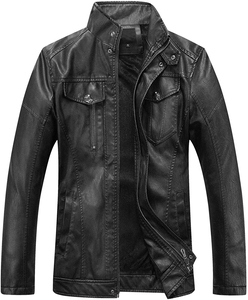 Men's Slim Fit PU Leather <b>Stand</b> Collar Windbreaker Jacket Fashionable Motorcycle Biker Leather Gear for Winter Riding - Product Image 6