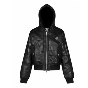 แจ็คเก็ตหนังวัวลายควิลท์สไตล์ไฮสตรีท พร้อมปกตั้ง ลายดาว ผ้าฝ้ายเทอร์รี่ ฮู้ด-สตรีทแวร์ฤดูหนาว โลโก้ด้านหน้า - Product Image 1