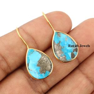 Customized 925 Sterling <b>Silver</b> <b>Hoop</b> Earring Jewelry For Women Gold Plated Jewelry Pear Shape Natural Turquoise Pyrite Gemstone - Product Image 6
