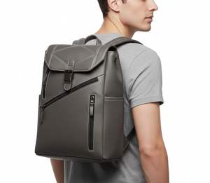 Sac à dos en cuir véritable au design élégant avec boucle à rabat et poches zippées sur le devant pour l'école, l'université et le bureau - Product Image 5