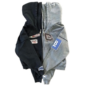 Personnalisé lourd 500 GSM coton éponge français Double capuche appliques broderie Vintage en détresse Boxy sweats à capuche zippés pour hommes - Product Image 2