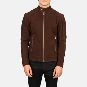 Best Made in Pakistan Dark Brown suede bomber for men OEM services wool 100% real sued leather jacket for everyday life