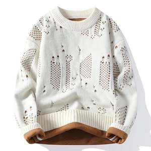 Pull en molleton tricoté à col rond, coupe classique, uni, hiver, décontracté, unisexe, blanc, polyester/coton - Product Image 1