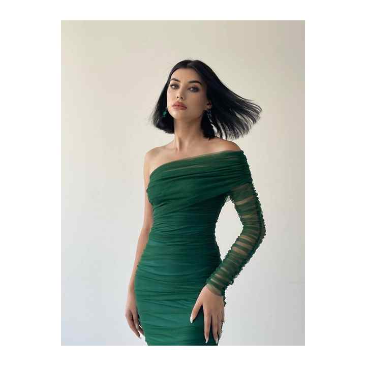 Women's Draped Tulle Fabric Single Sleeve Slim Fit Midi Length Green Color Color Pencil Evening Dress