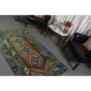 Alfombra de lana turca Vintage de 3,5x6,6 pies de gran tamaño azul naranja diseño de retazos área rectangular grande respaldo de látex alfombra de habitación de 10mm - Product Image 4