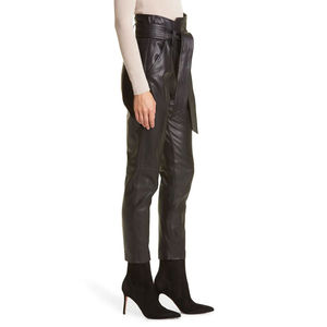 Pantalon pour femme en cuir véritable avec taille élastique, coupe droite, devant plat, tissu en toile, saison hivernale - Product Image 5