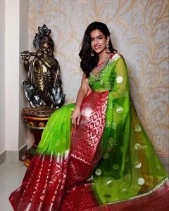 Sari en organza Banarasi fantaisie, collection élégante de créateurs, bordure en zari, longueur au sol, 6,3 m, pièce de chemisier pour tenue de mariée, mariage - Product Image 4