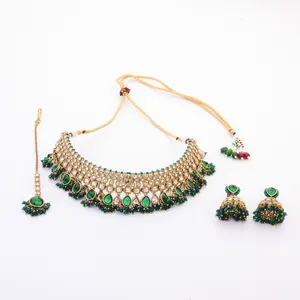 Antique Choker Style Reverse Ad Stone Necklace Set With Mehndi Plating 214039 Wholesalers in India