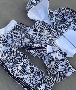 Conjunto de chándal holgado con estampado general personalizado de ajuste cómodo para hombre, lavado ácido, Sol desteñido, logotipo de letras, conjunto de pantalones de chándal con capucha y cremallera - Product Image 5