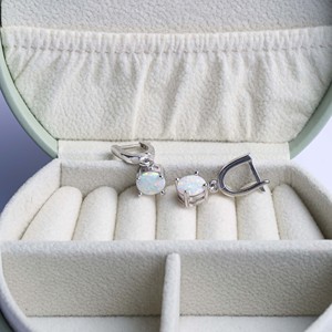 White Opal Round Cut Stone Solitaire Design Wholesale Handmade Turkish 925 Sterling <b>Silver</b> <b>Dangle</b> <b>Earrings</b> - Product Image 4