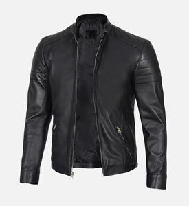 Chaqueta de motorista de piel de cordero auténtica de invierno informal para hombre en negro con cuello levantado y cierre de cremallera ODM Supply Plain Dyed Technics - Product Image 3