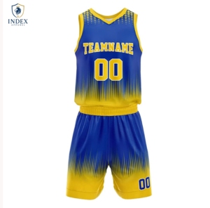 INDEX APPAREL Custom Sublimated Basketball Jersey Shorts Set Team Name 00 Blue Yellow Gradient V-Neck Sleeveless <b>Athletic</b> Fit - Product Image 1