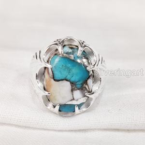 แหวนเงินแท้ 925 ประดับมุกธรรมชาติ ทองแดง และเทอร์ควอยซ์ สำหรับผู้ชาย ของขวัญวันเกิดเดือนธันวาคม เครื่องประดับสไตล์ยิปซี - Product Image 3