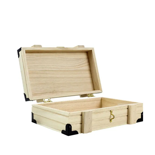 Mini boîte de rangement de caisses d'expédition en bois massif à charnière rustique avec coins en métal pour cadeau d'emballage