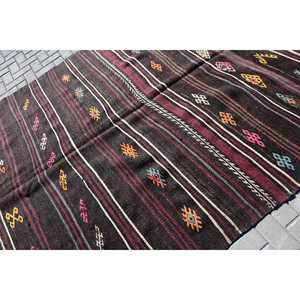 Turkish Vintage Rug, 6.7x10.4 ft Large Rug, <b>Brown</b> Red Bordered <b>Wool</b> Rug - Product Image 5