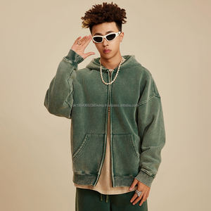 <b>Black</b> Washed Vintage Distressed Acid Wash Hooded Zipper Hoodie Unisex Custom DIY Pattern Lined <b>Fleece</b> by Manufacturer - Product Image 2