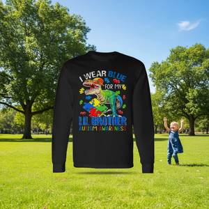 Camiseta de manga larga con diseño de dinosaurio para concienciar sobre el autismo 'I Wear Blue for My Lil Bro'-Camiseta promocional - Product Image 3