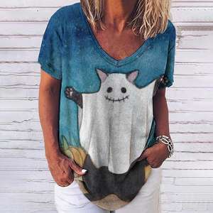 Camiseta básica de manga corta con cuello en V y estampado de gato para mujer, ropa de calle informal de verano, ropa femenina de gran tamaño 5XL 2025 - Product Image 4