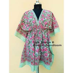 Ropa de dormir de algodón Maxi vestido caftán para mujer bloque estampado albornoces Bikini corto playa cubrir Kimono con cuello en V - Product Image 1