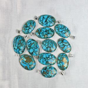 Meilleure vente cuivre Turquoise pierres précieuses lunette pendentif argent plaqué collier Style bohème unisexe mode féminine - Product Image 1
