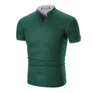 オリーブグリーンカラースタンドカラー男性用半袖ブランドポロシャツ