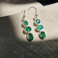 Boucles d'oreilles pendantes vintage en argent sterling 925 avec onyx vert taillé, forme boule, faites à la main, 3 pierres, qualité supérieure, pour mariage et soirée