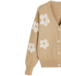 Customized Women Camel <b>Brown</b> Knit <b>Cardigan</b> Sweater With White Flower Applique V Neck Button Front Casual Winter Fashion Top - Product Image 4