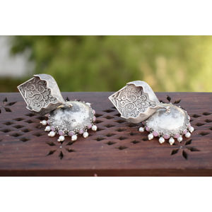 traditional artifical handmade silver look alike brass stone <b>stud</b> big jhumka hoop earing for <b>girls</b> and women - Product Image 3