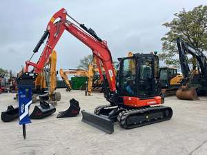 Clean Affordable Kubota KX060-5 Mini Excavator Crawler Type <b>Red</b> Color With Daemo B50 <b>Rock</b> Breaker Attachment - Product Image 6