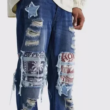 Pantalones vaqueros de mezclilla para hombre de alta calidad Slim Fit Hip Hop azul Vintage desgastado rasgado con cremallera Material de tela gruesa