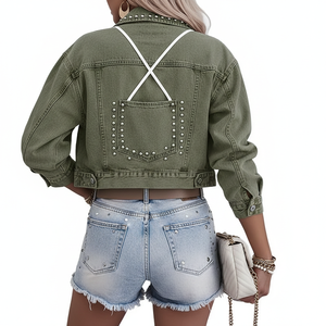 Veste en jean d'été Y2K pour femme, coupe classique |   Décorations à rivets à manches longues |   Vêtements d'extérieur décontractés imperméables respirants à séchage rapide - Product Image 2