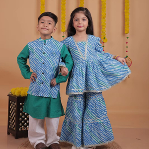 Ensemble fratrie traditionnel coton Kurta pyjama veste pour garçons Lehriya Sharara ensemble pour filles pour les mariages Diwali disponibles - Product Image 1