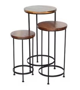 Ensemble de table ronde en fer moderne de 2 pièces avec revêtement en poudre noire en bois et en bas à emballage imbriqué fini - Product Image 3