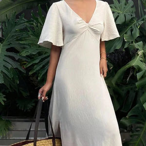 Vestidos de manga corta con lazo de busto fruncido Floral Ditsy para mujer 100% algodón hecho a mano liso teñido Casual para Primavera/Verano - Product Image 1