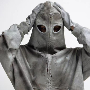 Vintage en détresse hommes sweats à capuche 100% pour cent coton Applique broderie surdimensionné lavage à l'acide à capuche 500gsm fermeture éclair éponge française - Product Image 1