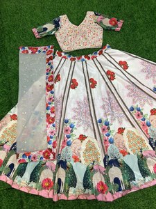 Occasion spéciale et vêtements de fête Medonna Silk Entièrement Stitch White Color Heavy Digital Printed Rajasthani Style Ghaghra Choli - Product Image 3