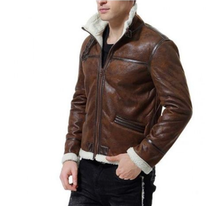 Premium Men's Brown Shearling Style <b>Leather</b> <b>Jacket</b> Full Zip <b>Winter</b> Biker Coat Custom Logo Factory Supply From Pakistan - Product Image 1